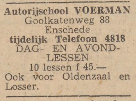 Goolkatenweg 88 autorijschool Voerman advertentie Tubantia 25-8-1954.jpg