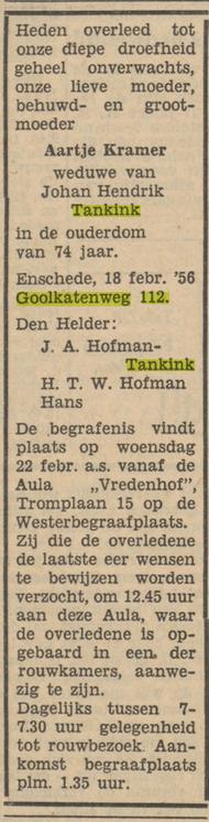Goolkatenweg 112 A. Tankink-Kramer overlijdensadvertentie Tubantia 20-2-1956.jpg