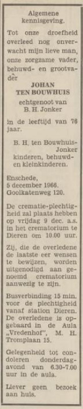 Goolkatenweg 120 Johan ten Bouwhuis overlijdensadvertentie Tubantia 6-12-1968.jpg
