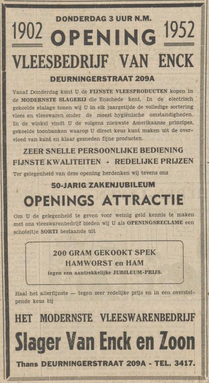 Deurningerstraat 209a Slager Van Enck en Zoon advertentie Tubantia 19-3-1952.jpg