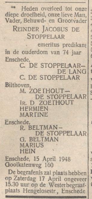Goolkatenweg 160 R,J. de Stoppelaar overlijdensadvertentie Nieuwsblad van Friesland 16-4-1948.jpg