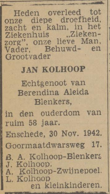 Goormaatdwarsweg 17 Jan Kolhoop overlijdensadvertentie Twentsch nieuwsblad 1-12-1942.jpg