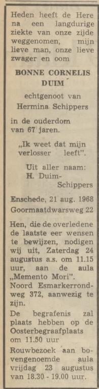 Goormaatdwarsweg 22 B.C. Duim overlijdensadvertentie Tubantia 22-8-1968.jpg