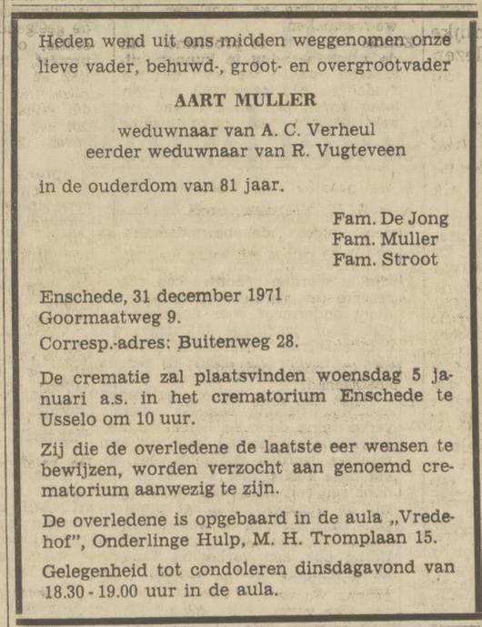 Goormaatweg 9 A. Muller overlijdensadvertentie Tubantia 3-1-1972.jpg