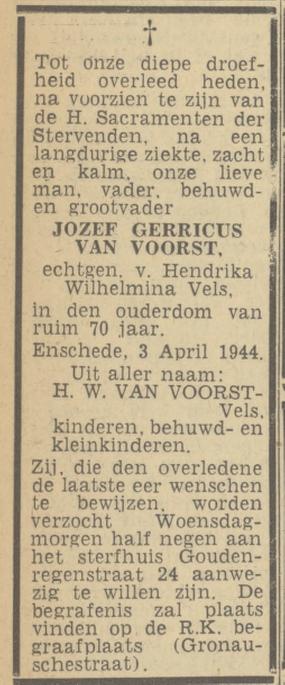 Goudenregenstraat 24 J.G. van Voorst overlijdensadvertentie Twentsch nieuwsblad 4-4-1944.jpg