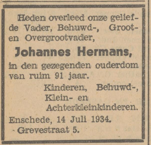 Grevestraat 5 Johannes Hermans overlijdensadvertentie Tubantia 16+-7-1934.jpg