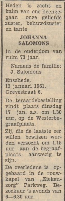 Grevestraat 6 Johanna Salomons overlijdensadvertentie Tubantia 14-1-1961.jpg