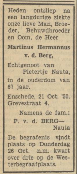Grevestraat 4 M.H. van den Berg overlijdensadvertentie Tubantia 23-10-1950.jpg