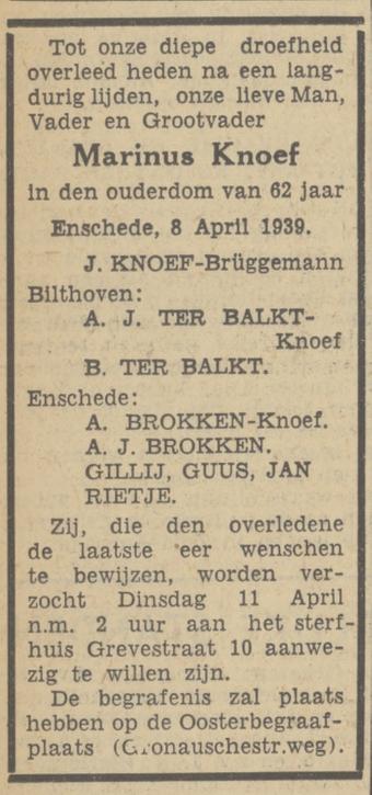 Grevestraat 10 Marinus Knoef overlijdensadvertentie Tubantia 8-4-1939.jpg
