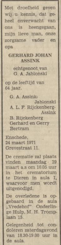 Grevestraat 11 G.J. Assink overlijdensadvertentie Tubantia 26-3-1971.jpg