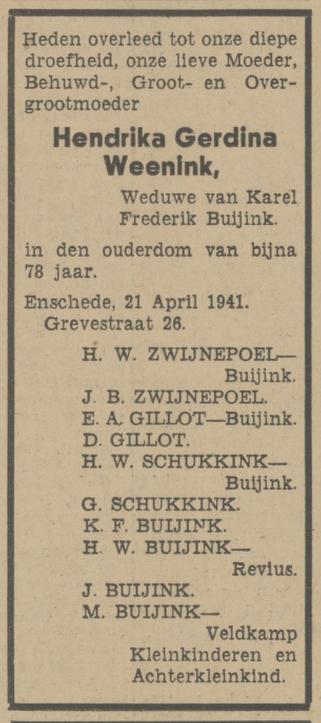 Grevestraat 26 Wed. H.G. Buijink-Weenink overlijdensadvertentie Tubantia 23-4-1941.jpg