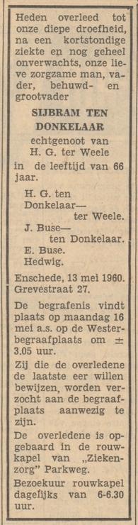 Grevestraat 27 S. ten Donkelaar overlijdensadvertentie Tubantia 14-5-1960.jpg