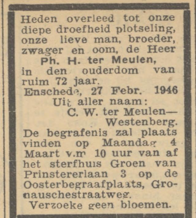 Groen van Prinstererlaan 3 Ph.H. ter Meulen overlijdensadvertentie Algemeen Handelsblad 2-3-1946.jpg