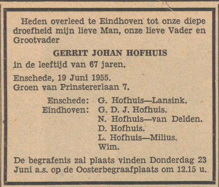 Groen van Prinstererlaan 7 G.J. Hofhuis overlijdensadvertentie Tubantia 20-6-1955.jpg