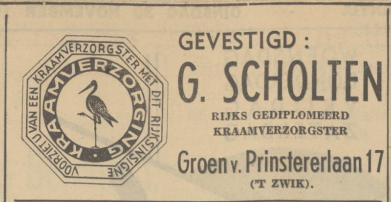 Groen van Prinstererlaan 17 't Zwik G. Scholten kraamverzorgster advertentie Tubantia 30-11-1937.jpg
