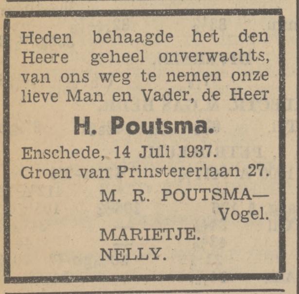 Groen van Prinstererlaan 27 H. Poutsma overlijdensadvertentie Tubantia 14-3-1937.jpg