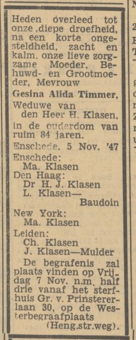 Groen van Prinstererlaan 30 Wed. G.A. Klasen-Timmer overlijdensadvertentie Tubantia 6-11-1947.jpg