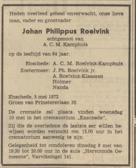 Groen van Prinstererlaan 35 J.Ph. Roelvink overlijdensadvertentie Tubantia 8-5-1972.jpg