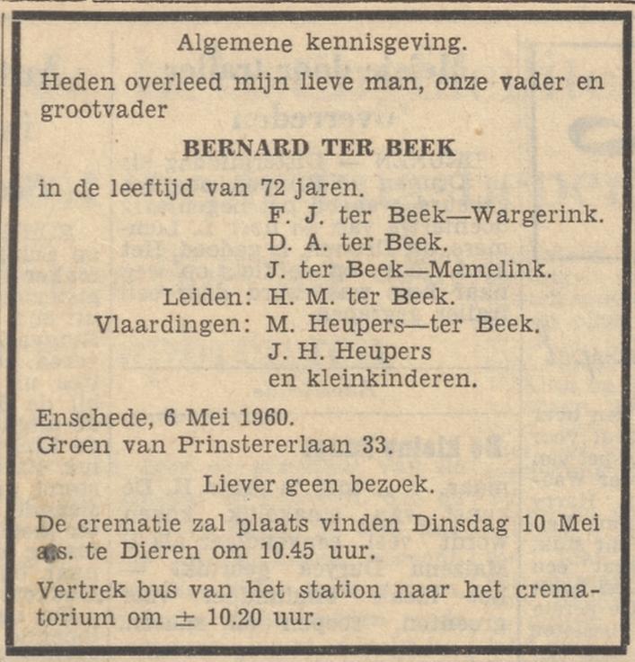Groen van Prinstererlaan 33 Bernard ter Beek overlijdensadvertentie Tubantia 7-5-1960.jpg