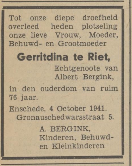 Gronausedwarsstraat 5 G. Bergink-te Riet overlijdensadvertentie Tubantia 6-10-1941.jpg