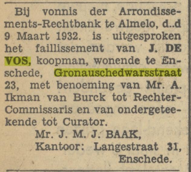 Gronausedwarsstraat 23 J. de Vos koopman advertentie Tubantia 12-3-1932.jpg
