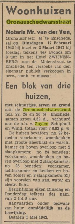 Gronausedwarsstraat 22-24-26 van Zuylen, Schipholt en Wind advertentie Tubantia 7-2-1942.jpg