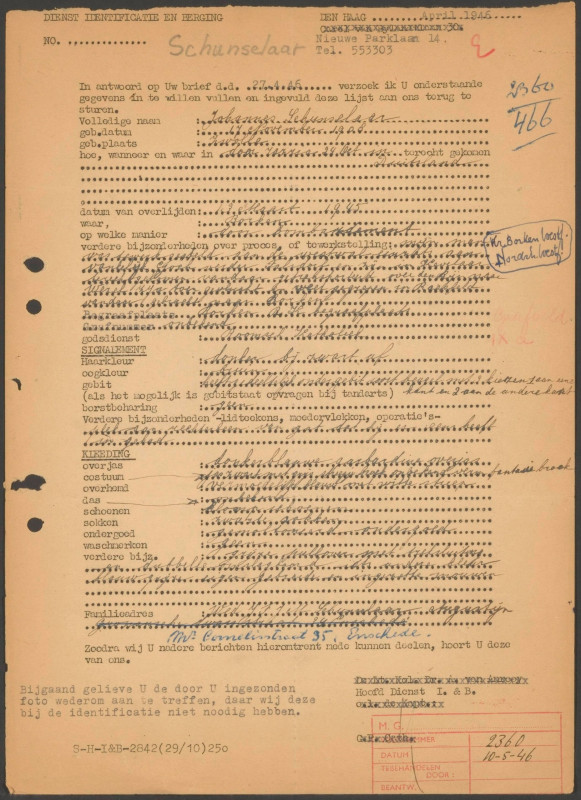Gronausedwarsstraat 34 Johannes Schunselaar oorlogsslachtoffer brief dienst indentificatie en berging april 1946.jpg