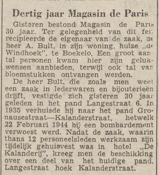 Gronausestraat 2 hoek Kalanderstraat A. Bult lederwaren krantenbericht Tubantia 17-10-1957.jpg