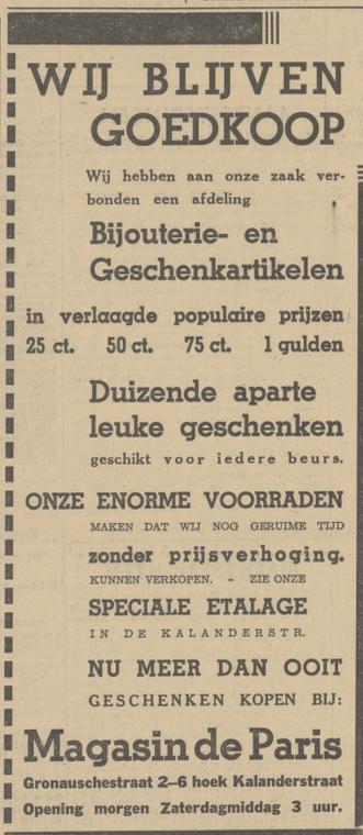 Gronausestrraat 2-6 hoek Kalanderstraat Magasin de Paris advertentie 9-10-1936.jpg