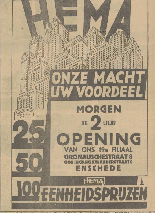 Gronausestraat 8 Kalanderstraat 9 Hema Advertentie. Twentsch dagblad Tubantia en Enschedesche courant. Enschede, 04-11-1932..jpg