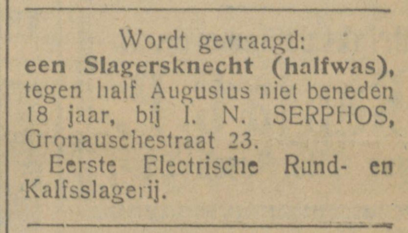 Gronausestraat 23 Eerste Electrische Rund- en Kalfsslagerij I.N. Serphos advertentie Tubantia 2-8-1922.jpg