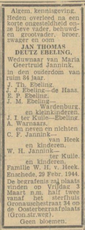 Gronausestraat 34 J.Th. Ebeling overlijdensadvertentie Tubantia 1-3-1944.jpg