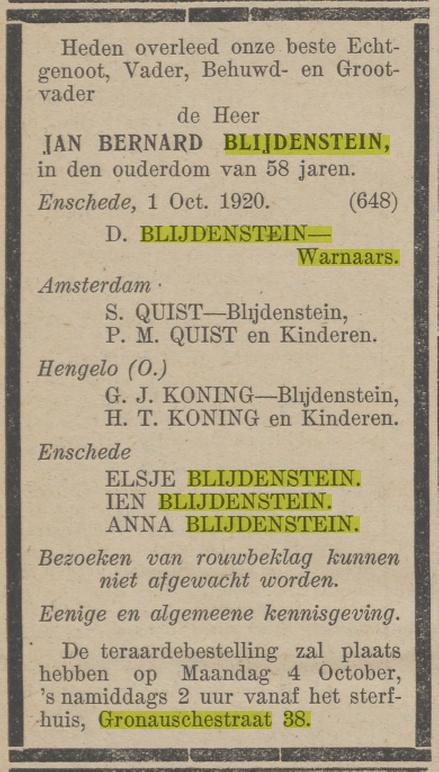 Gronausestraat 38 J.B. Blijdenstein overlijdensadvertentie Nieuwe Hengelosche courant 2-10-1926.jpg