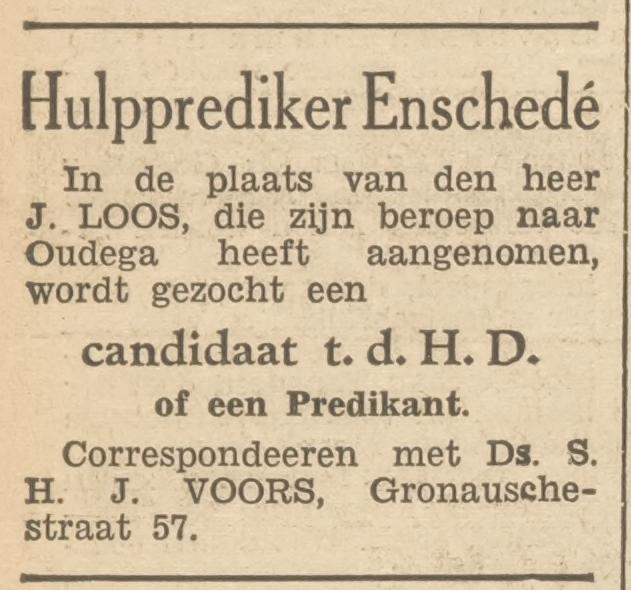 Gronausestraat 57 Ds. S.H.J. Voors predikant advertentie De Nederlander 2-12-1932.jpg