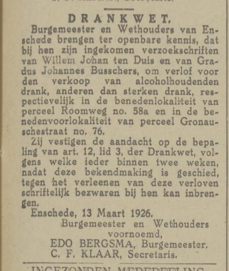 Gronausestraat 76 G.J. Busschers Drankwet vergunning krantenbericht Tubantia 13-3-1926.jpg