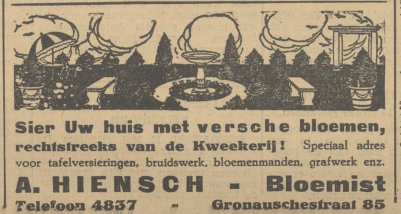Gronausestraat 85 A. Hiensch bloemist advertentie Tubantia 11-5-1933.jpg