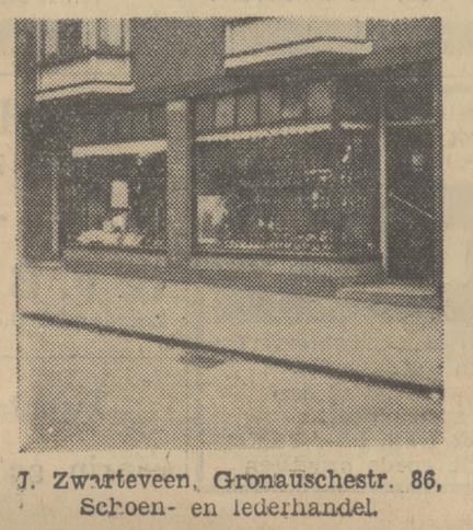 Gronausestraat 86 later Espoortstraat J. Zwarteveen, Schoen- en lederhandel, krantenfoto Tubantia 19-6-1934.jpg