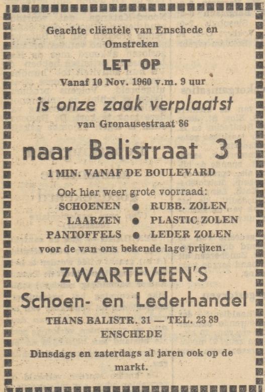 Gronausesstraat 86 naar Balistraat 31 schoen- en lederhandel Zwarteveen advertentie Tubantia 8-11-1960.jpg