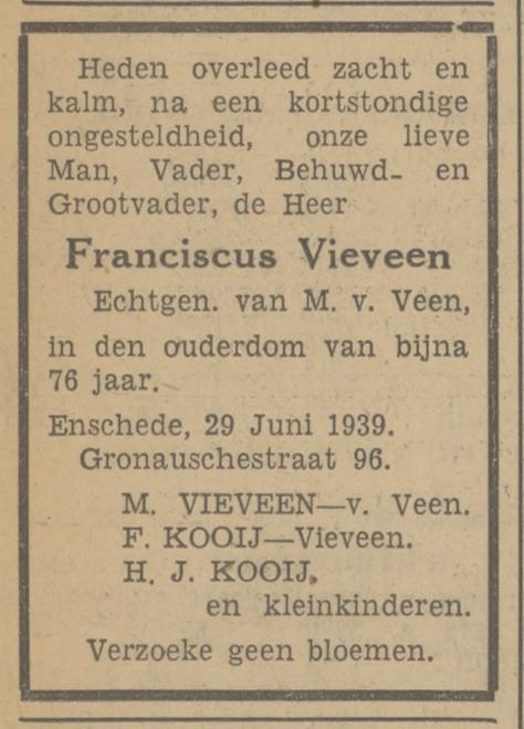 Gronausestraat 96 Franciscus Vieveen overlijdensadvertentie Tubantia 30-6-1939.jpg
