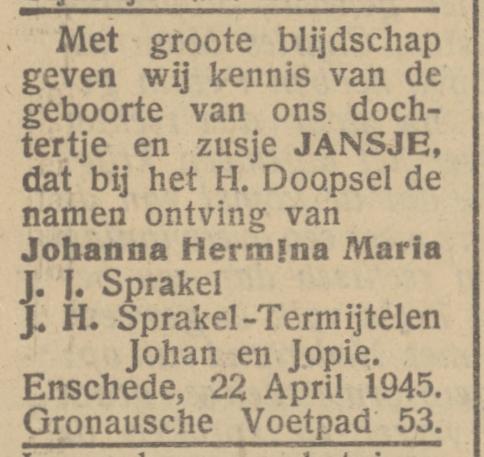 Gronausevoetpad 53 J.J. Sprakel advertentie Het Parool 24-4-1945.jpg
