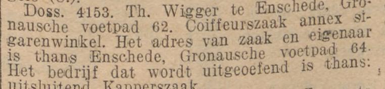 Gronausevoetpad 64 kapperszaak Th. Wigger krantenbericht Twentsche courant 22-5-1928.jpg