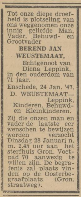 Gronausevoetpad 70 B.J. Weustemaat overlijdensadvertentie Tubantia 24-1-1947.jpg