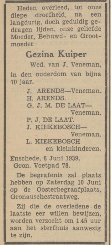 Gronausevoetpad 78 Wed. G. Veneman-Kuiper overlijdensadvertentie Tubantia 7-6-1939.jpg