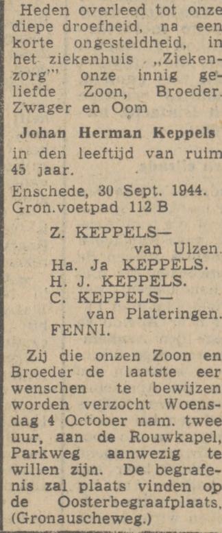 Gronausevoetpad 112B J.H. Keppels overlijdensadvertentie Twentsch nieuwsblad 2-10-1944.jpg
