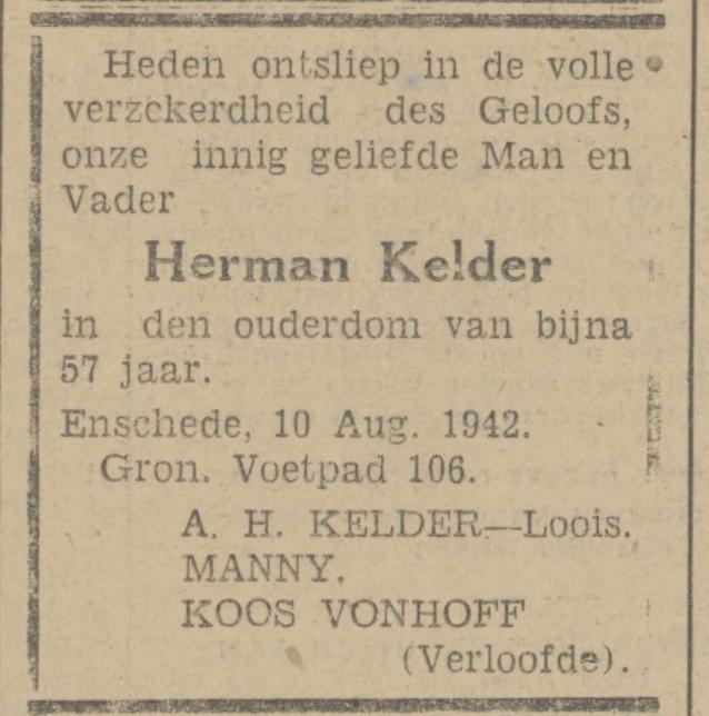 Gronausevoetpad 106 Herman Kelder overlijdensadvertentie Tubantia 11-8-1942.jpg