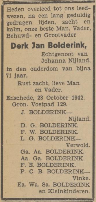Gronausevoetpad 129 D.J. Bolderink overlijdensadvertentie Tubantia 24-10-1942.jpg