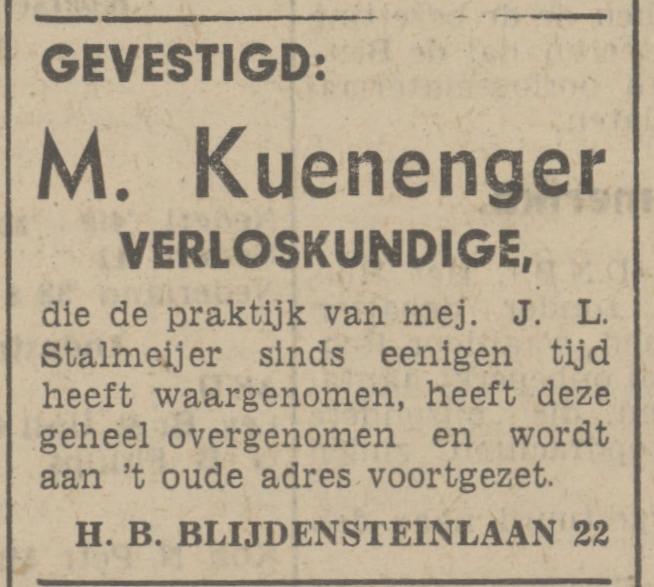 H.B. Blijdensteinlaan 22 Mej. J.L. Stalmeijer advertentie Tubantia 3-6-1941.jpg