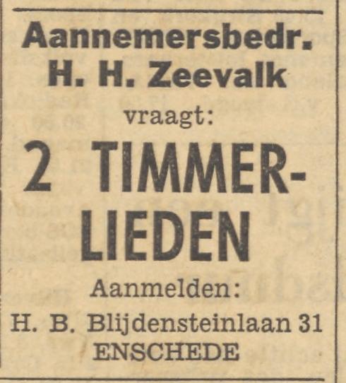 H.B. Blijdensteinlaan 31 Aannemersbedrijf H.H. Zeevalk advertentie Tubantia 11-5-1957.jpg