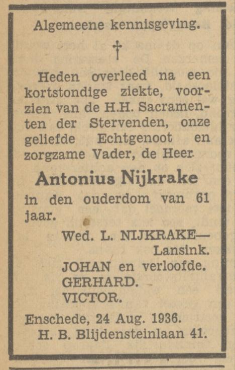 H.B. Blijdenstein 41 Antonius Nijkrake overlijdensadvertentie Tubantia 25-8-1936.jpg