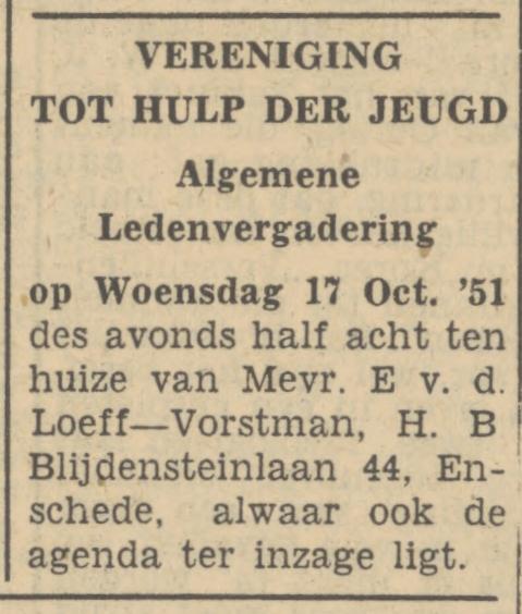 H.B. Blijdensteinlaan 44 Mevr. E. v.d. Loeff-Vorstman advertentie Tubantia 10-10-1951.jpg